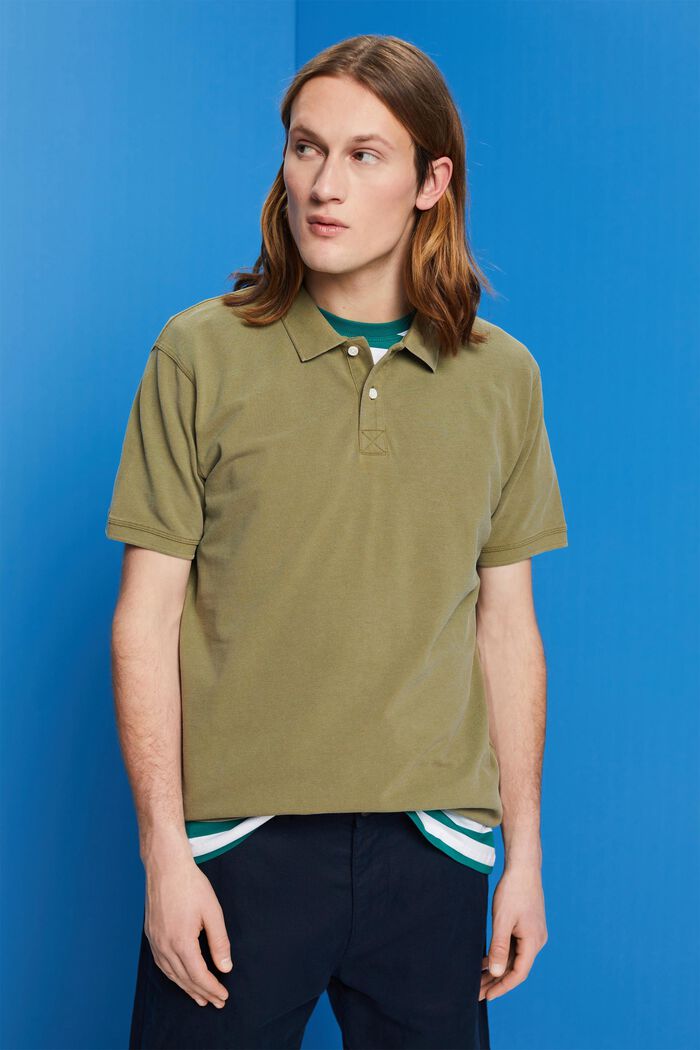 Stone-washed cotton pique polo shirt, OLIVE, detail image number 0