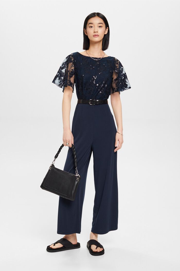 Jersey jumpsuit with floral embroidered top, NAVY, detail image number 1