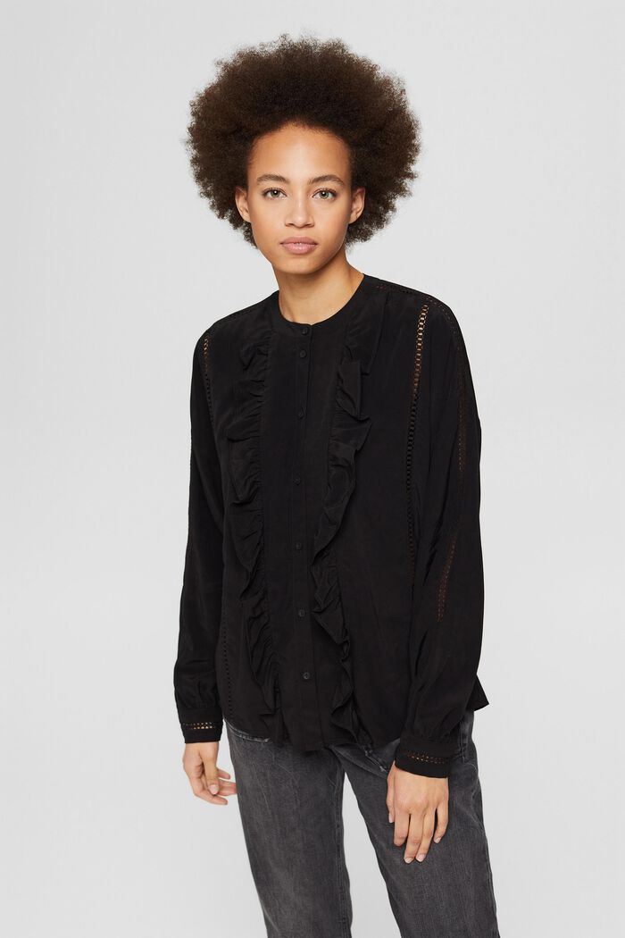Blouse with frills, LENZING™ ECOVERO™, BLACK, overview