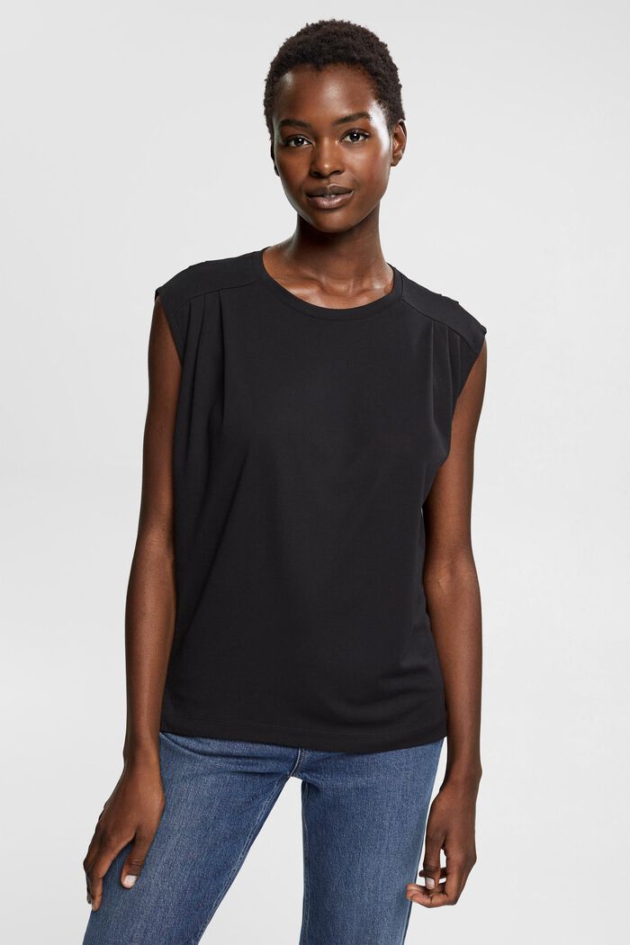Sleeveless T-shirt with pleated shoulders