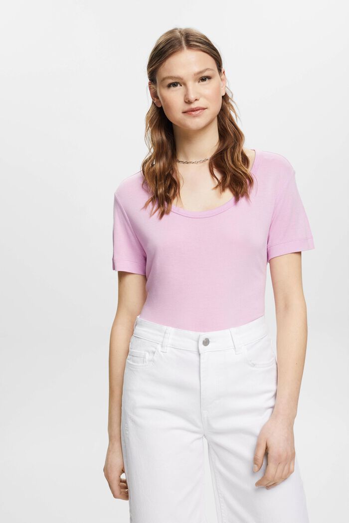 Viscose T-shirt with a wide round neckline, LILAC, detail image number 0