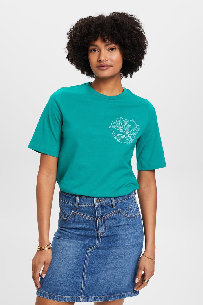 Cotton t-shirt with embroidered flower, EMERALD GREEN, detail image number 0