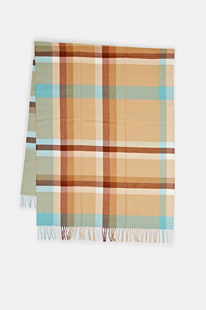 Made of recycled material: fringed woven scarf with a check pattern, KHAKI BEIGE, detail image number 2