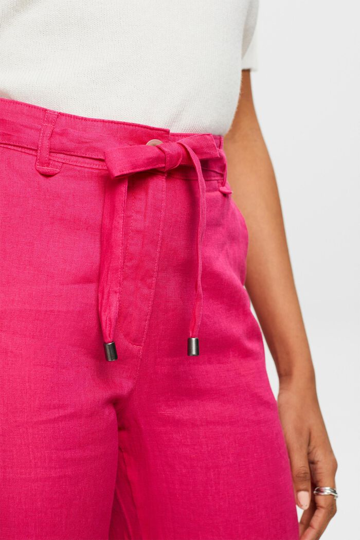 Linen Belted Wide Leg Pants, PINK FUCHSIA, detail image number 4