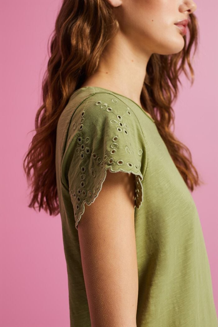Eyelet Sleeve Cotton T-Shirt, PISTACHIO GREEN, detail image number 2
