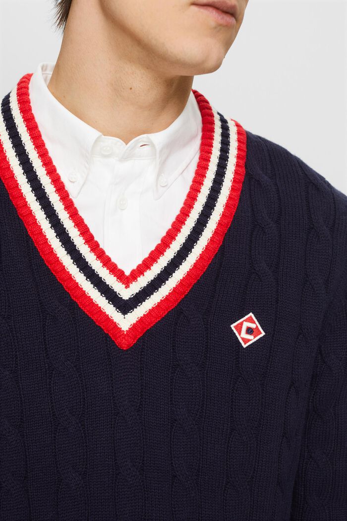 V-Neck Cable-Knit Sweater, NAVY, detail image number 2