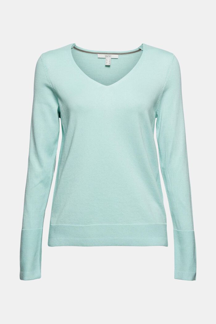 V-neck jumper containing organic cotton, LIGHT TURQUOISE, detail image number 0