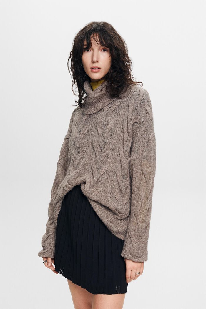 Cable-Knit Turtleneck Sweater, BROWN GREY, detail image number 2