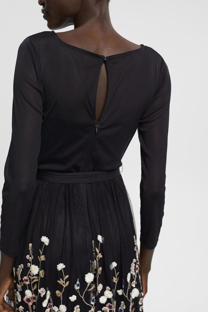 Mesh dress with floral embroidery, BLACK, detail image number 0