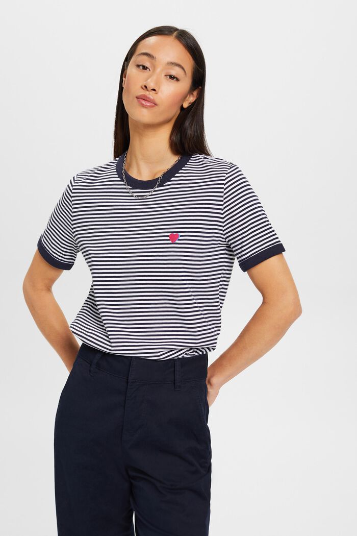 Striped cotton t-shirt with embroidered motif, NAVY, detail image number 0