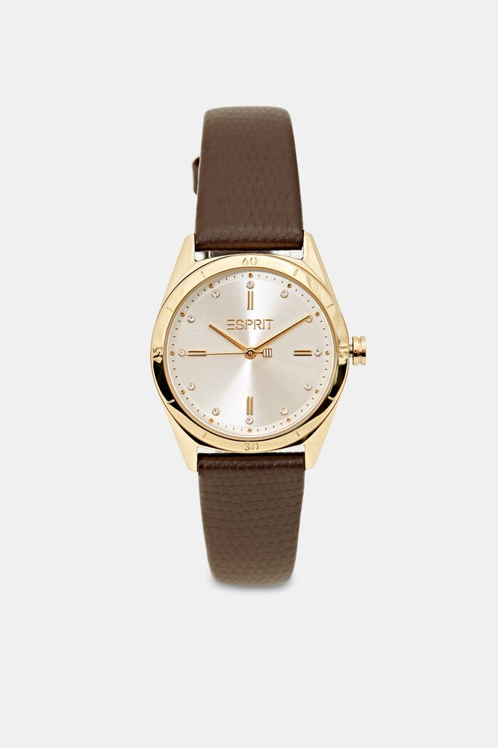 Stainless steel watch with a textured leather strap