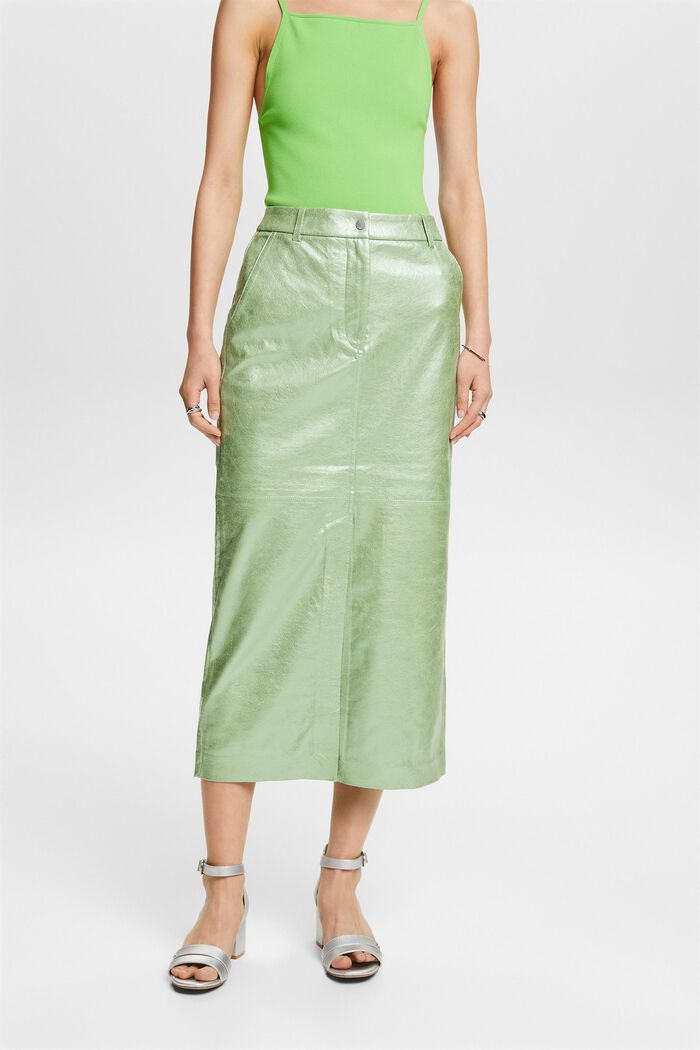 Coated Metallic Midi Skirt, LIGHT AQUA GREEN, detail image number 0