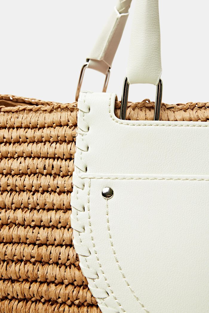 Raffia shopper with faux leather details, OFF WHITE, detail image number 1