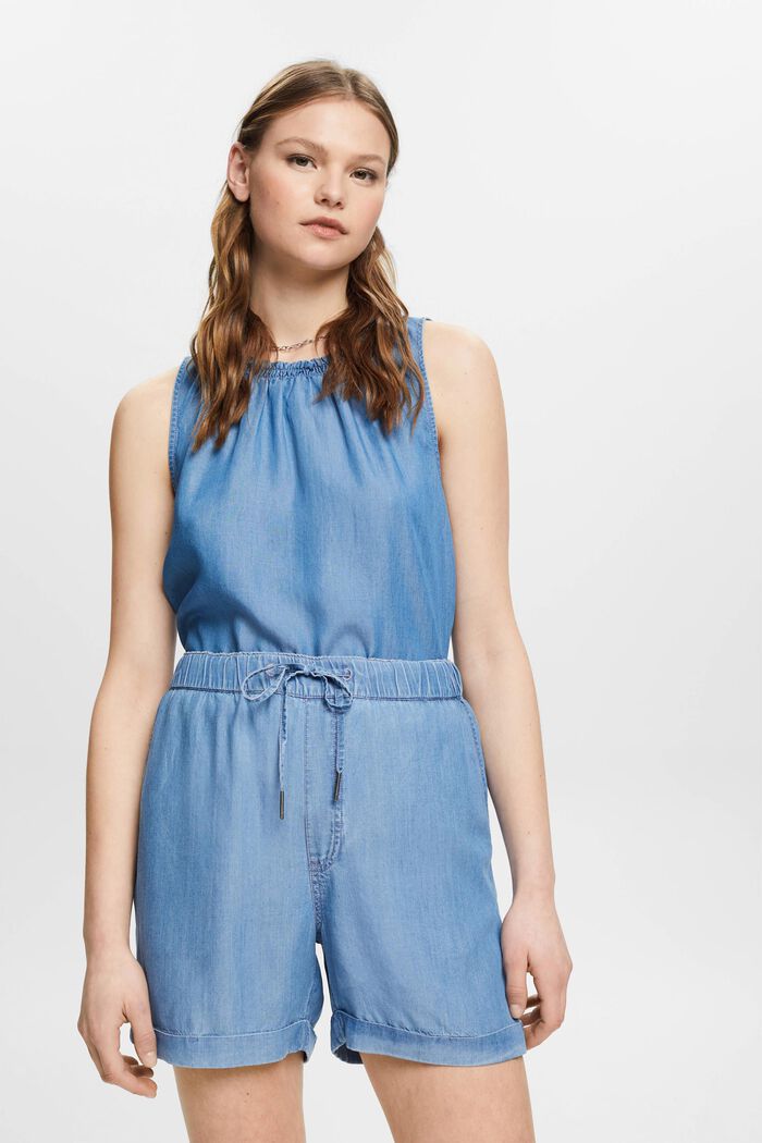 ESPRIT - Faux-denim sleeveless blouse with ruffled neckline at our online  shop
