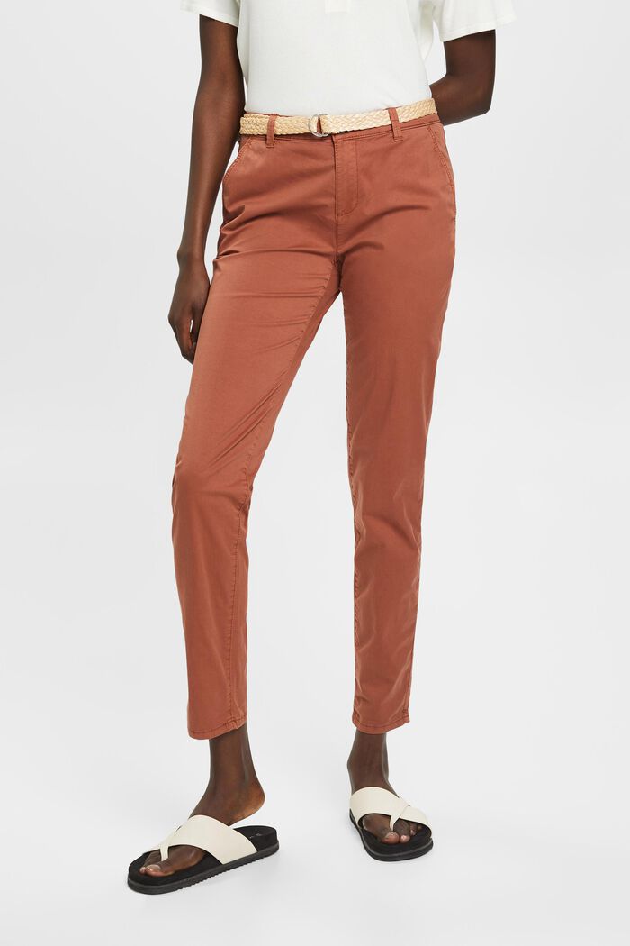 Lightweight stretch chinos with belt, RUST BROWN, detail image number 0