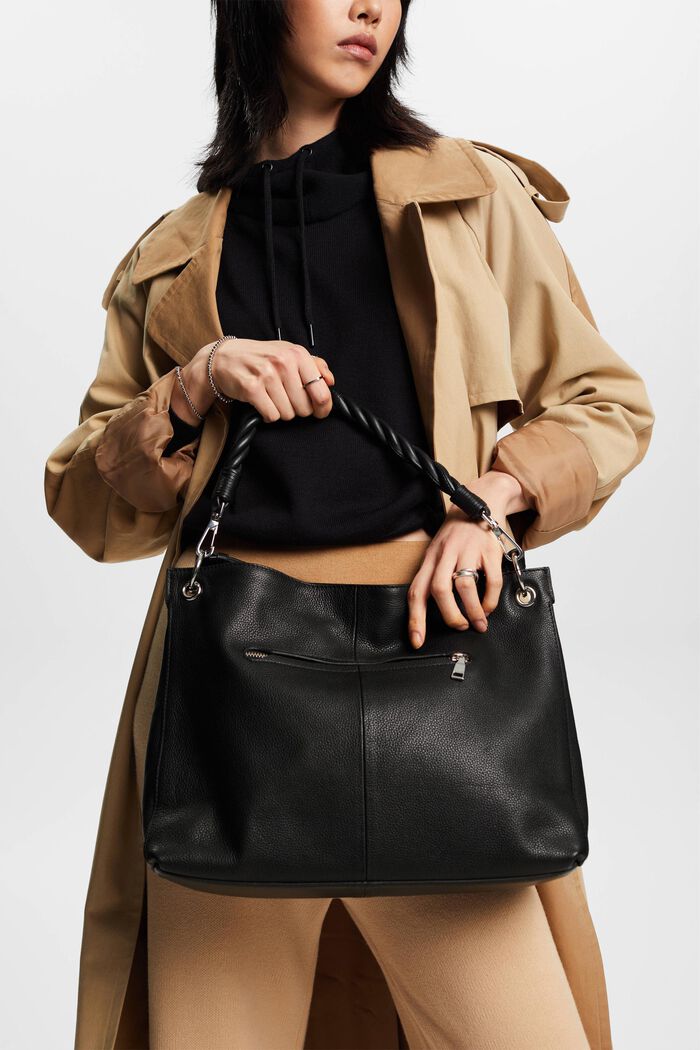 Leather shoulder bag with detachable handle, BLACK, detail image number 5