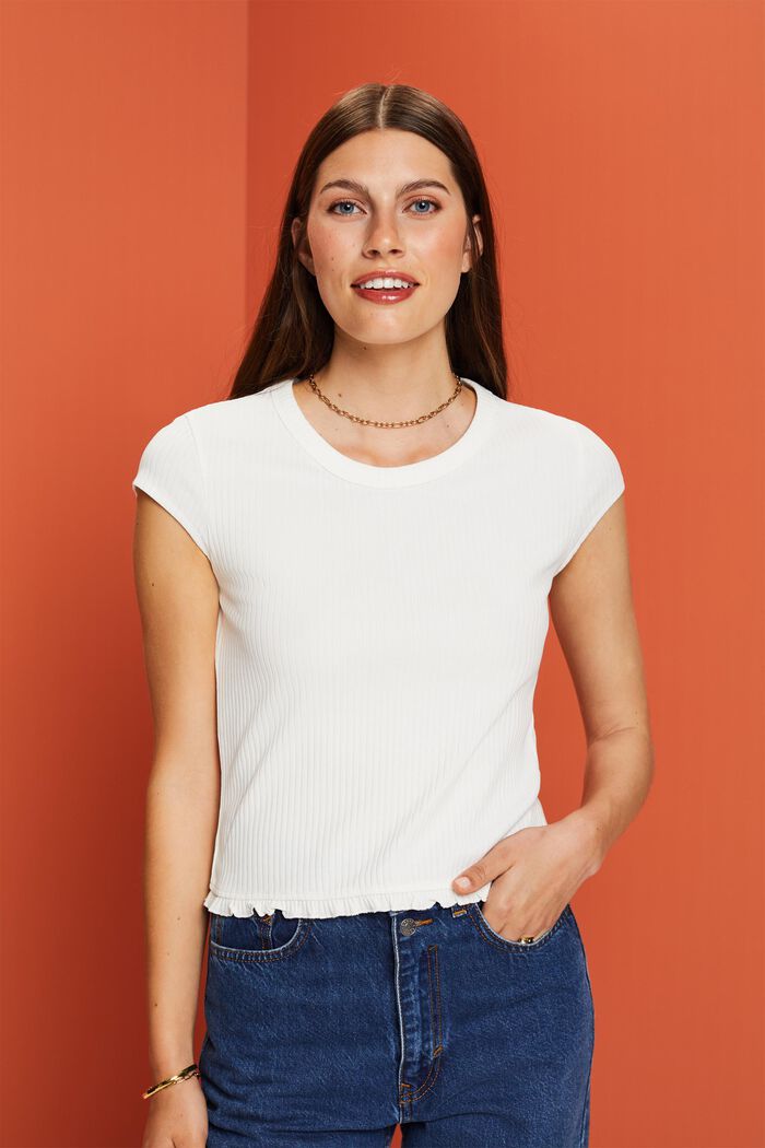 Ribbed t-shirt with ruffled hem, OFF WHITE, detail image number 0