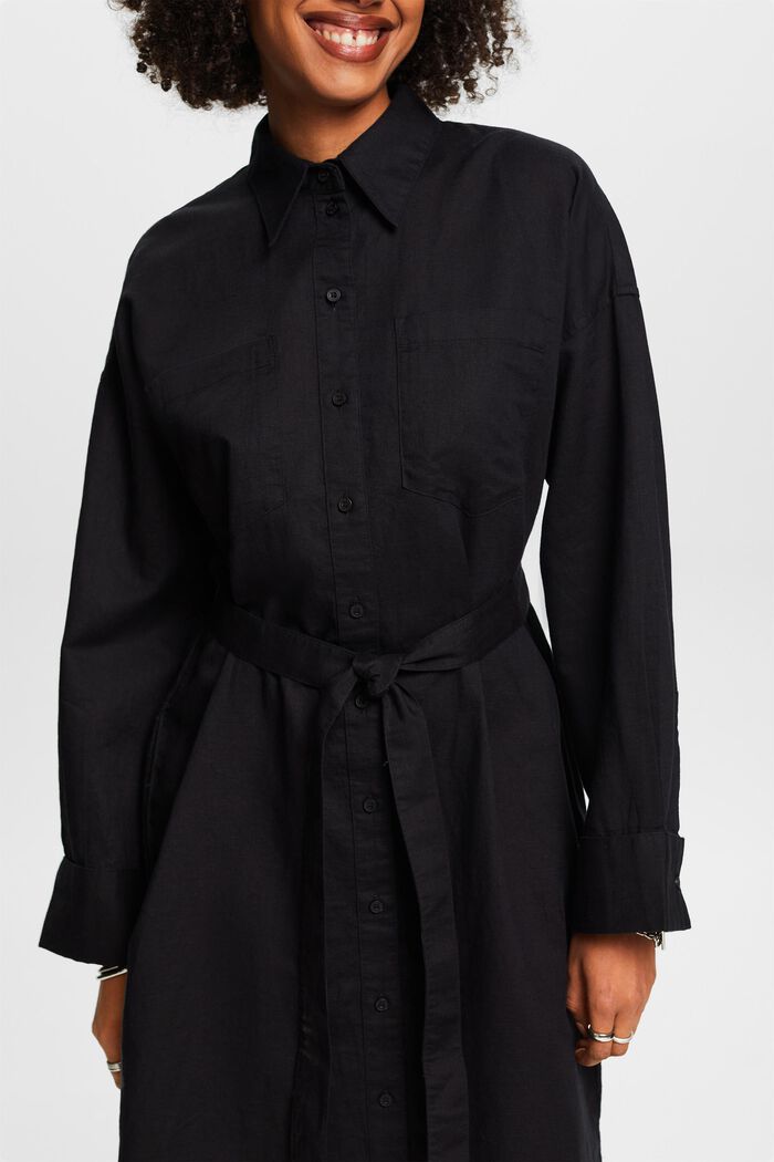 Linen-Cotton Belted Shirt Dress, BLACK, detail image number 3