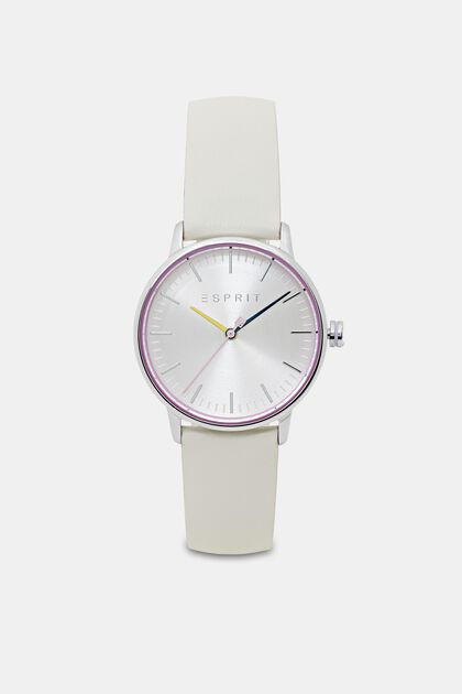 Stainless steel watch with a leather strap, OFF WHITE, overview