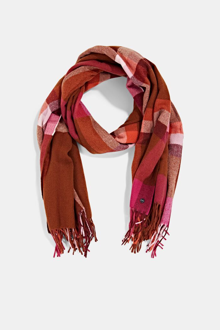 Made of recycled material: fringed woven scarf with a check pattern, RUST BROWN, detail image number 0