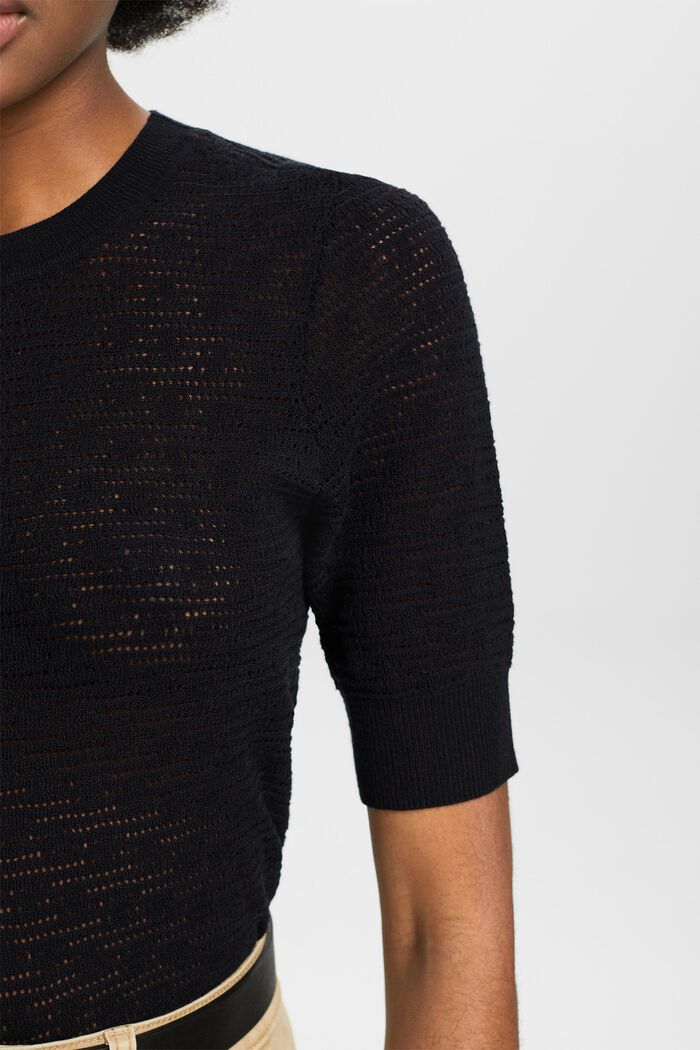 Pointelle Short-Sleeve Sweater, BLACK, detail image number 3
