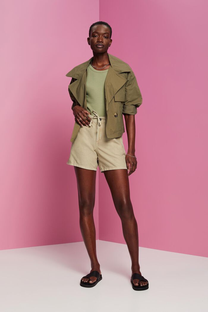 Smocked-Waist Twill Shorts, DUSTY GREEN, detail image number 1