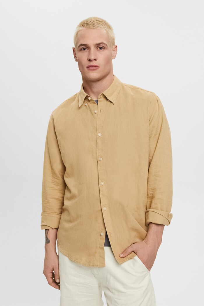 Cotton and linen blended button-down shirt, BEIGE, detail image number 0