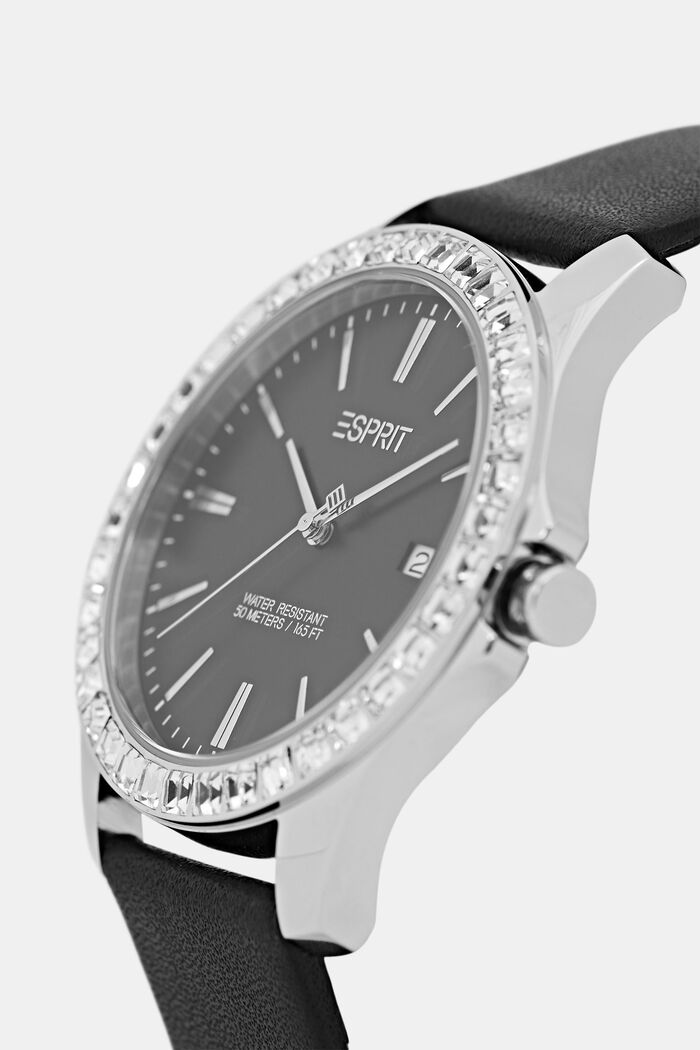 Watch with zirconia stones and a leather strap, BLACK, detail image number 1