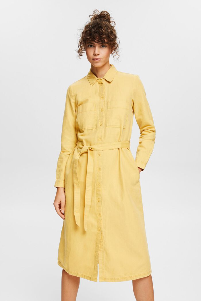 Made of blended linen: shirt dress with a belt, YELLOW, detail image number 0