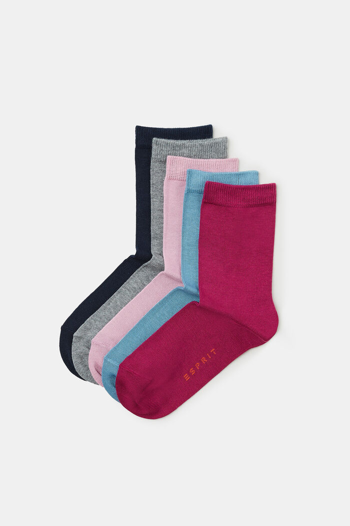 Five pack of plain-coloured socks, BLUE/GREY/BERRY, overview