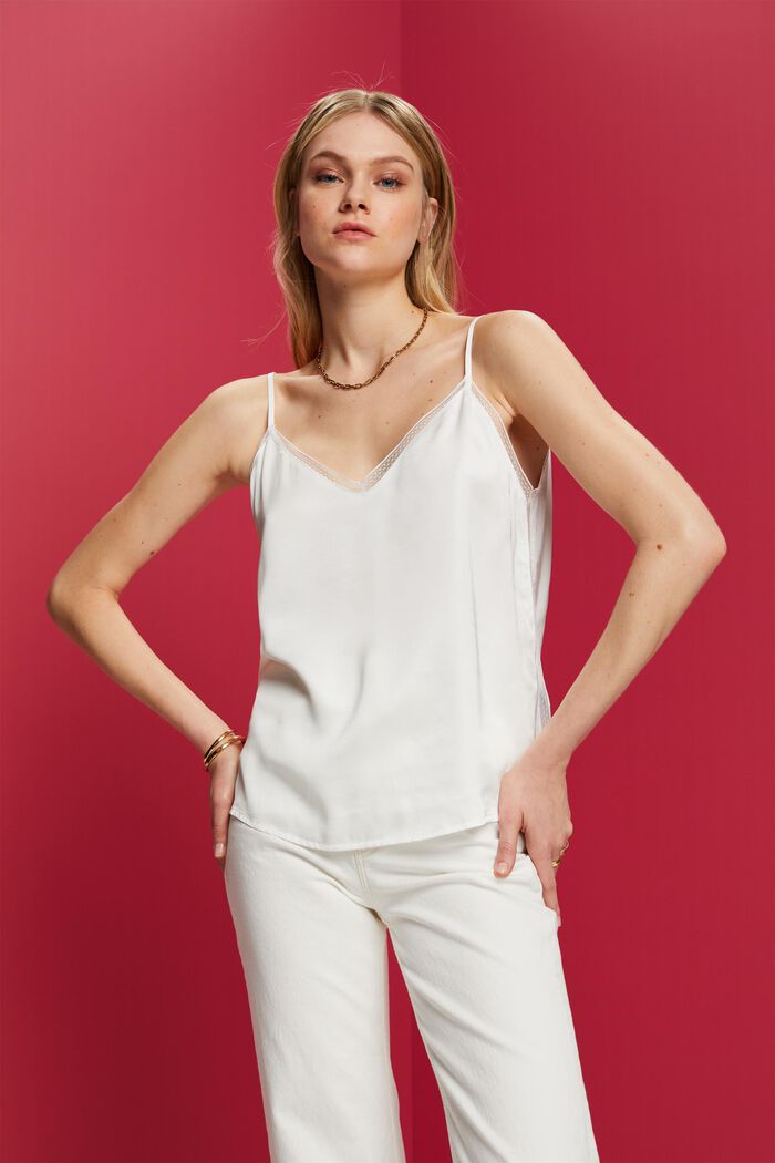Satin camisole with lace trim, LENZING™ ECOVERO™, OFF WHITE, detail image number 0