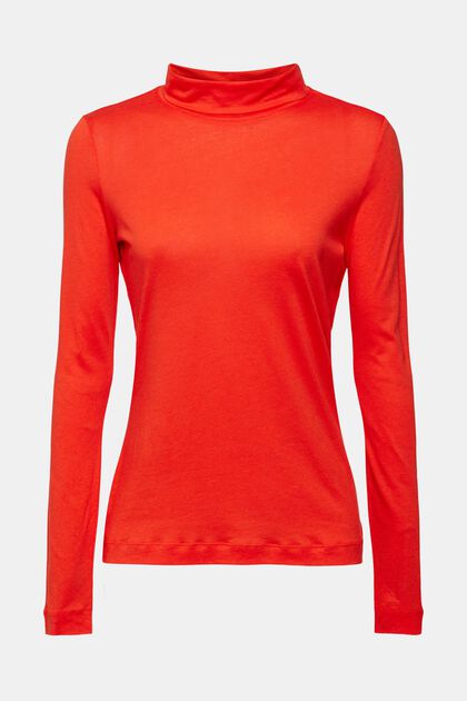 Long sleeve top with band collar, TENCEL™, RED, overview