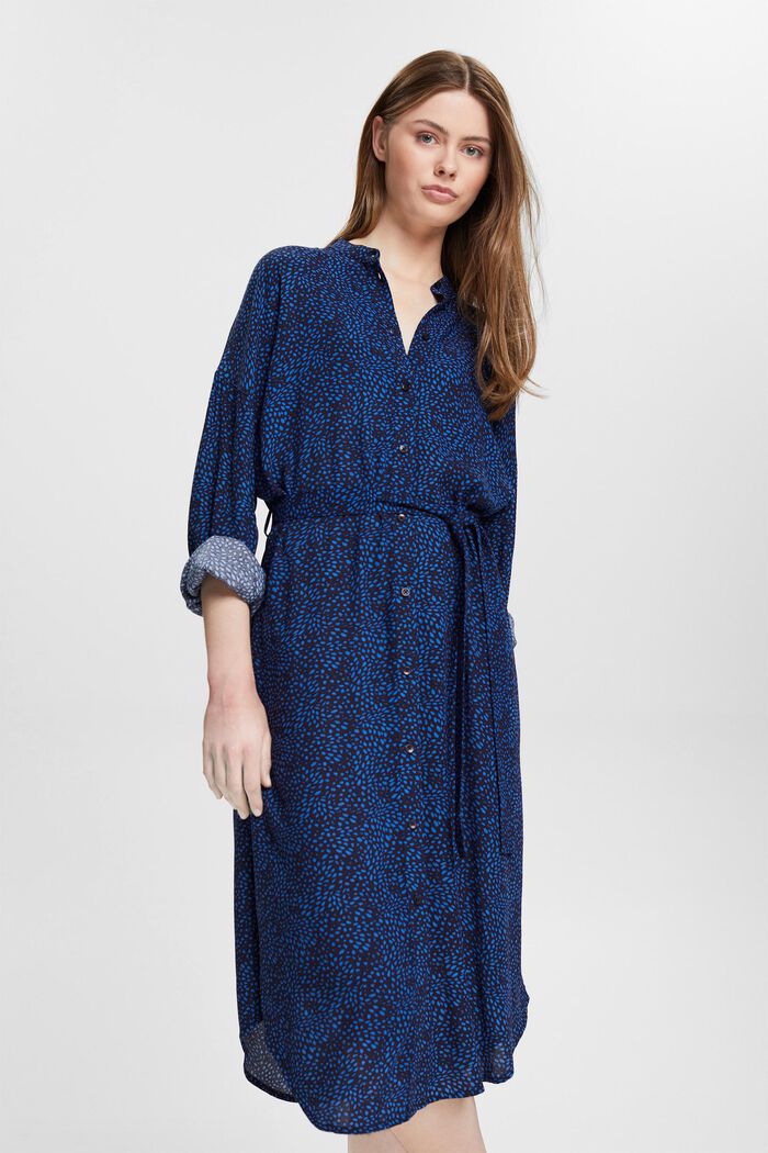 Patterned dress with a belt, LENZING™ ECOVERO™, NEW NAVY, overview