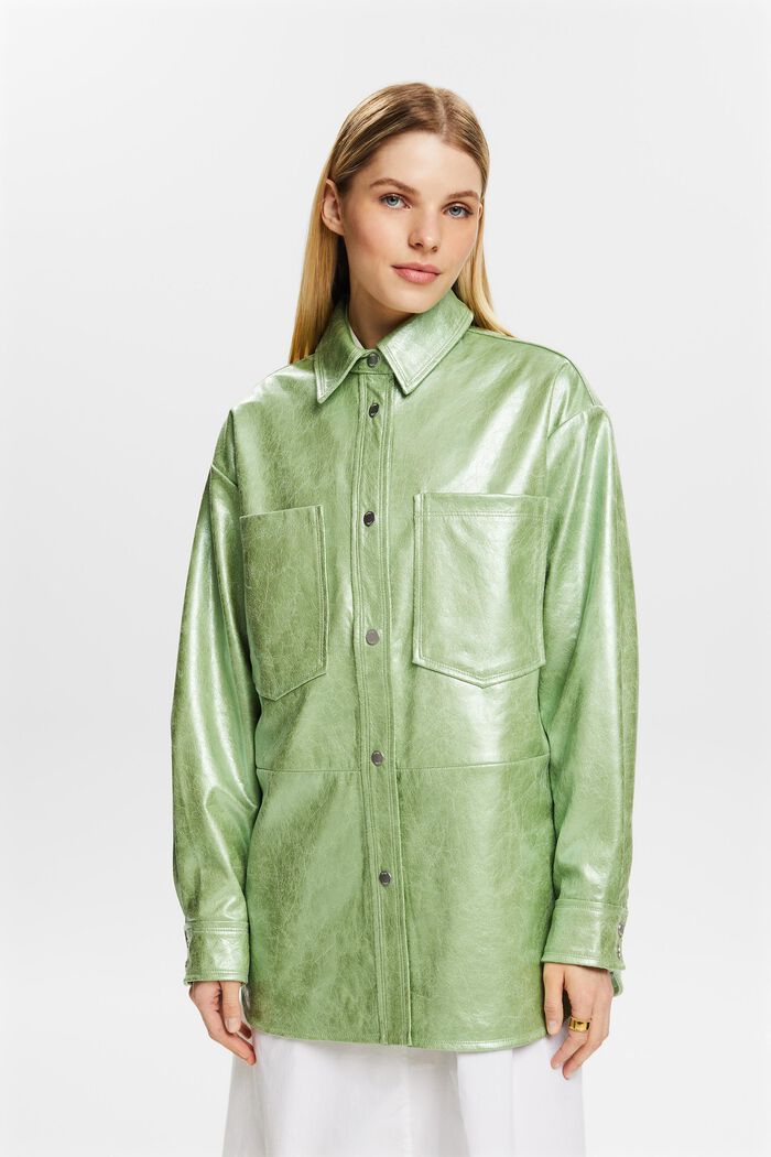 Coated Metallic Faux Leather Shirt, LIGHT AQUA GREEN, detail image number 0