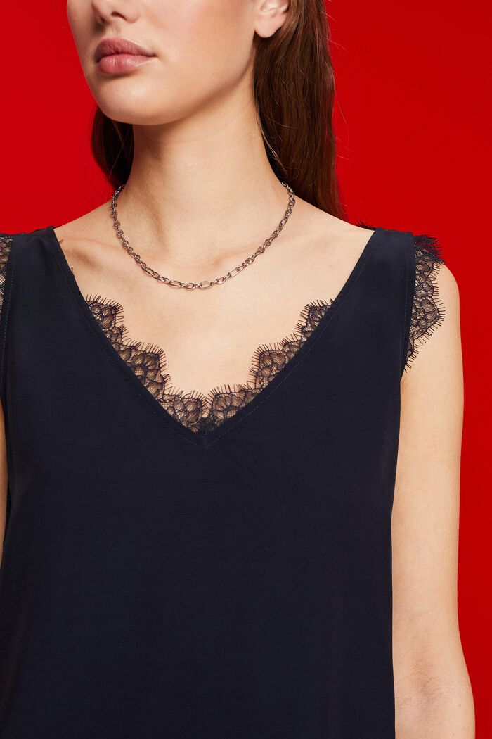 Sleeveless blouse with lace trimming, NAVY, detail image number 2