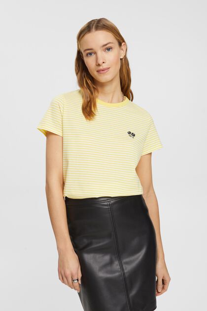 Striped t-shirt with embroidered flower, LIGHT YELLOW, overview