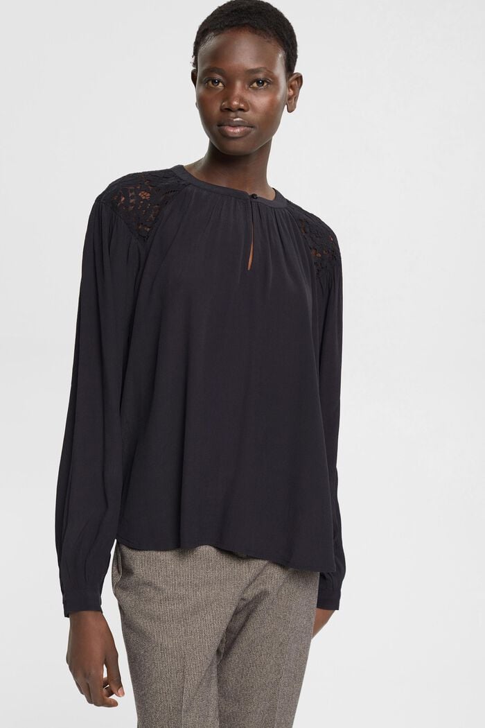 Blouse with lace detail, BLACK, detail image number 0