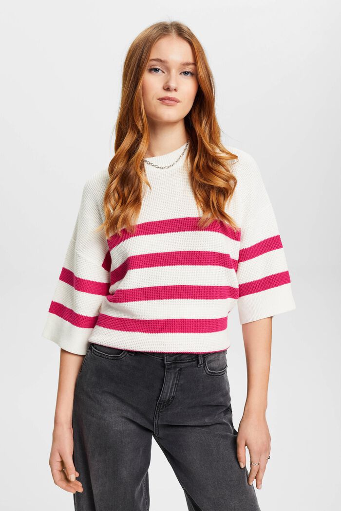 Striped knit jumper with cropped sleeves, OFF WHITE, detail image number 0