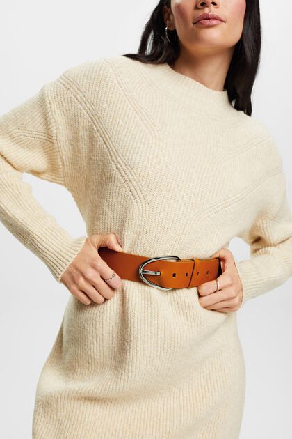 Wide leather belt with metal buckle