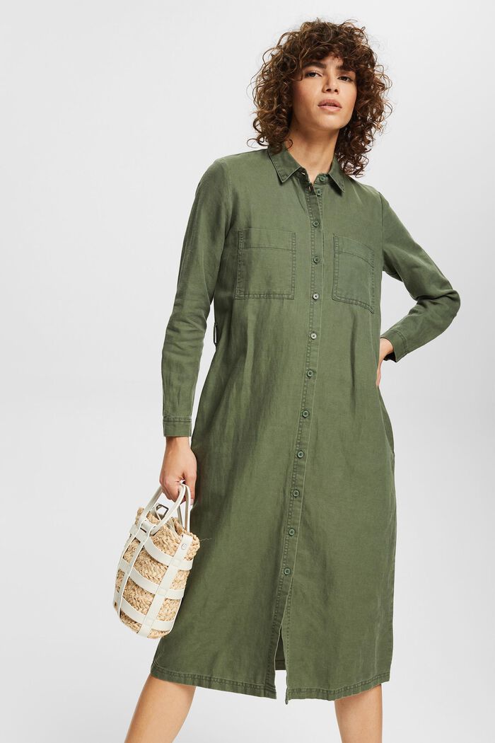 Made of blended linen: shirt dress with a belt, GREEN, detail image number 5