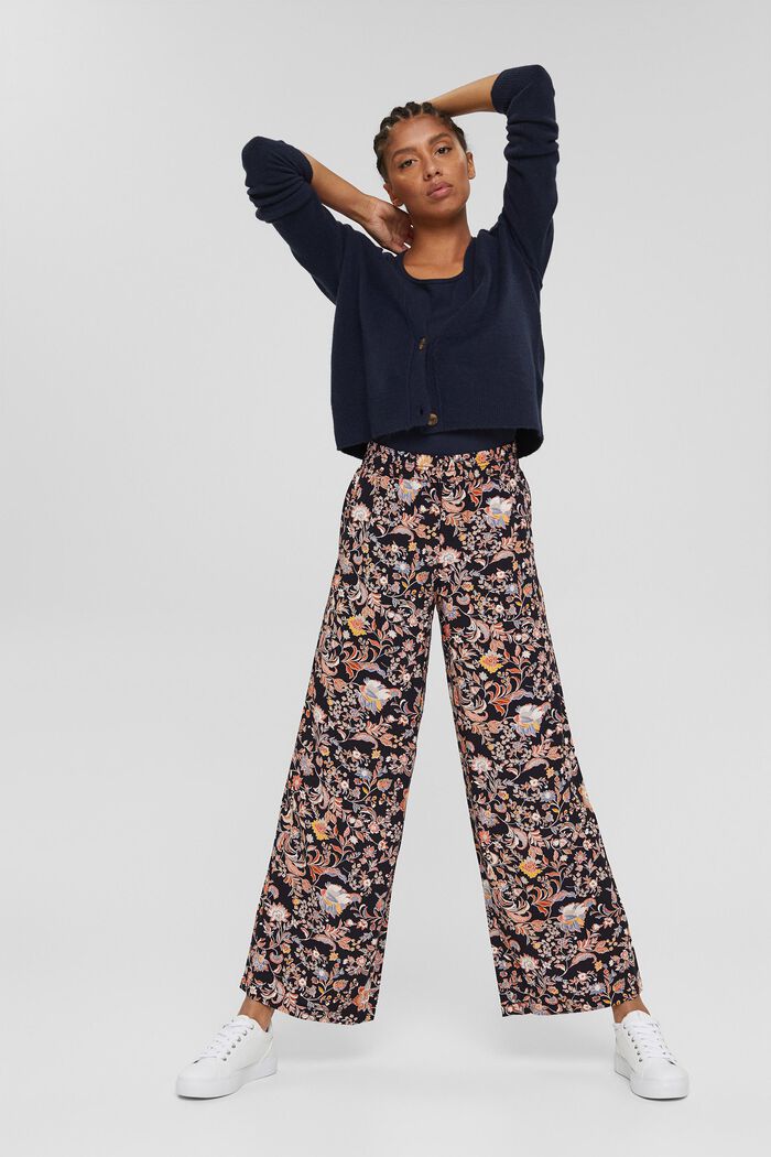 Printed trousers with a wide leg, LENZING™ ECOVERO™, NAVY, overview