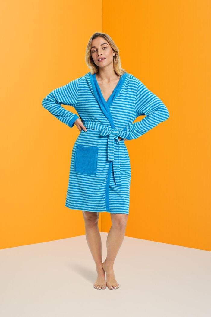 Striped terry cloth bathrobe with hood, TURQUOISE, detail image number 1