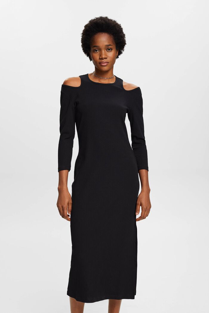 Ribbed midi dress with cut out shoulder detail, BLACK, detail image number 0
