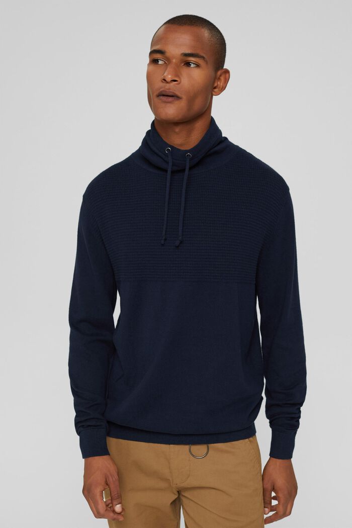 Cashmere blend: jumper with a drawstring collar, NAVY, detail image number 0