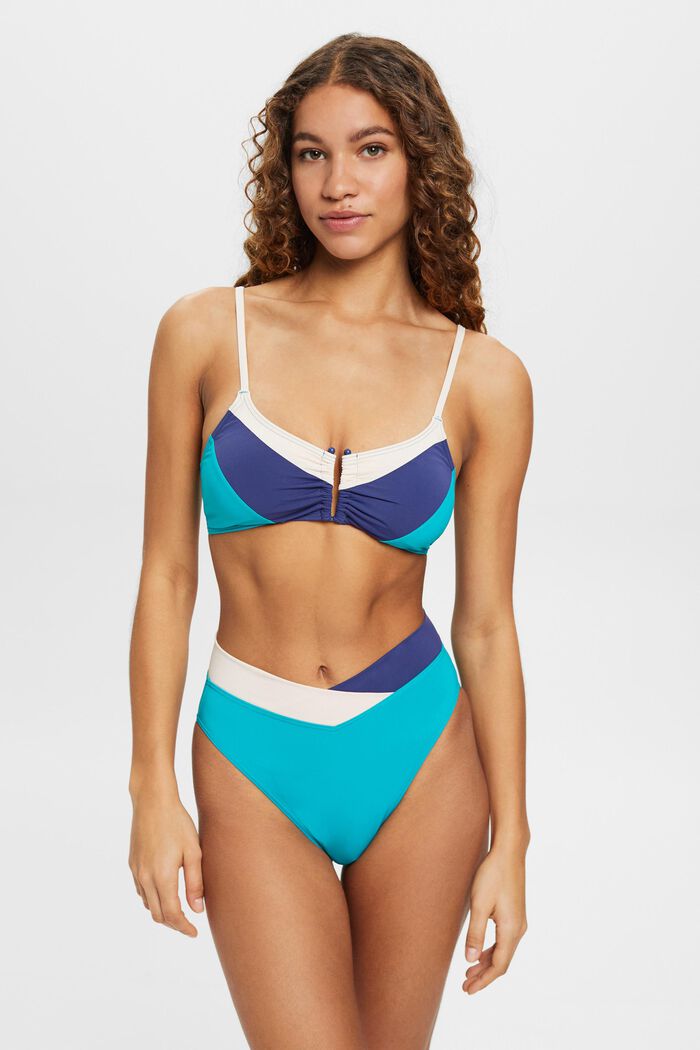 Mid-waist bikini bottoms in colour block design, TEAL GREEN, detail image number 0