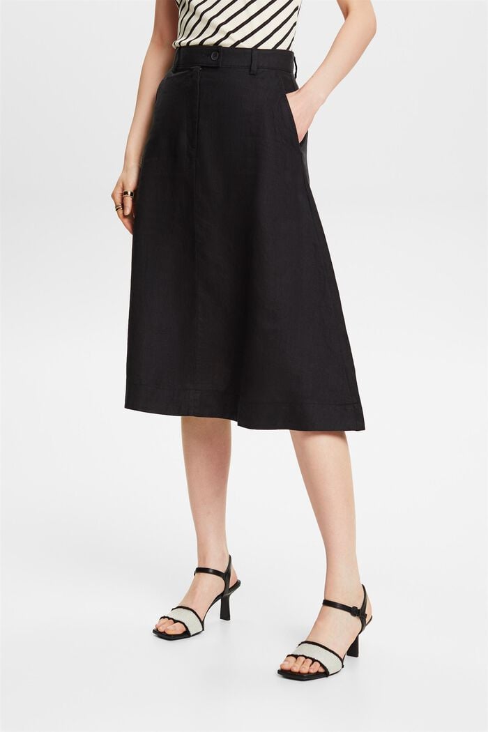 Linen A-Line Midi Skirt, BLACK, detail image number 0