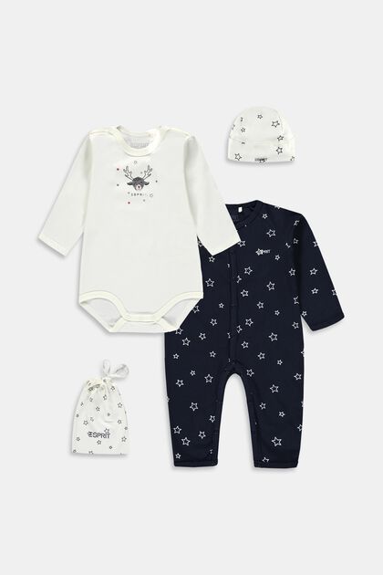 3-pack of bodysuits and matching beanie hat, NAVY, overview
