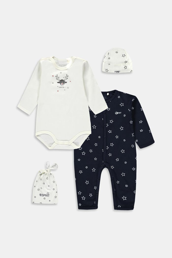 3-pack of bodysuits and matching beanie hat, NAVY, detail image number 0