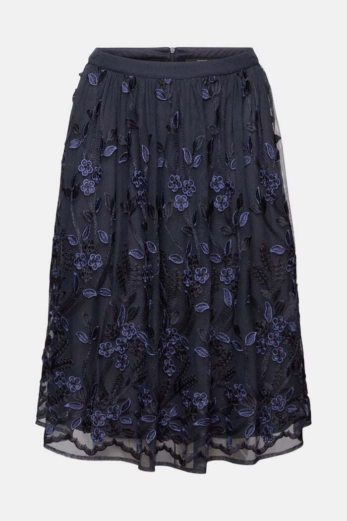 Lace midi skirt with floral embroidery, NAVY, detail image number 5