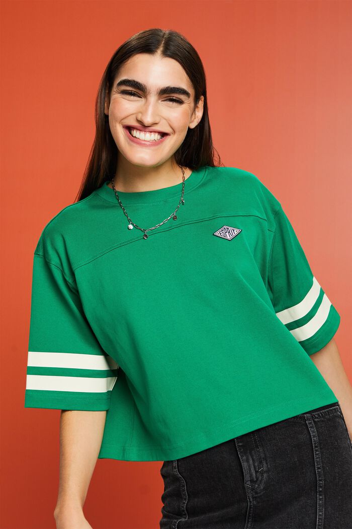 Cropped varsity logo rugby tee, EMERALD GREEN, detail image number 0